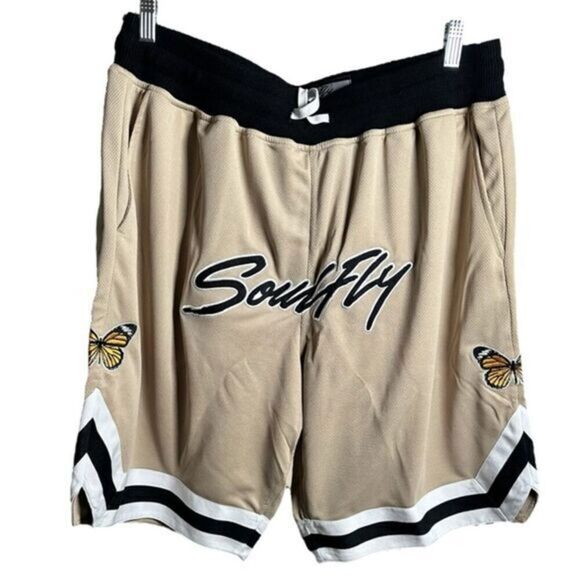 NWT Rod Wave SOULFLY Men’s Beige Shorts Butterfly Embroidered Patches & Logo 3XL - Picture 1 of 8